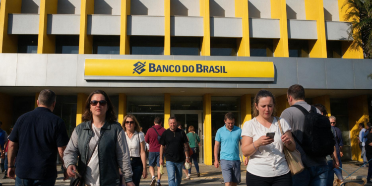 Movimento intenso na entrada do Banco do Brasil em horário comercial.