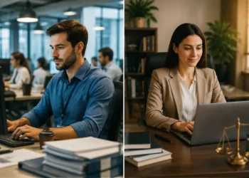 Comparativo entre carreira CLT e concurso público mostrando profissionais em ambientes de trabalho diferentes.
