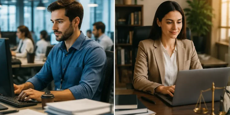 Comparativo entre carreira CLT e concurso público mostrando profissionais em ambientes de trabalho diferentes.
