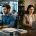 Comparativo entre carreira CLT e concurso público mostrando profissionais em ambientes de trabalho diferentes.