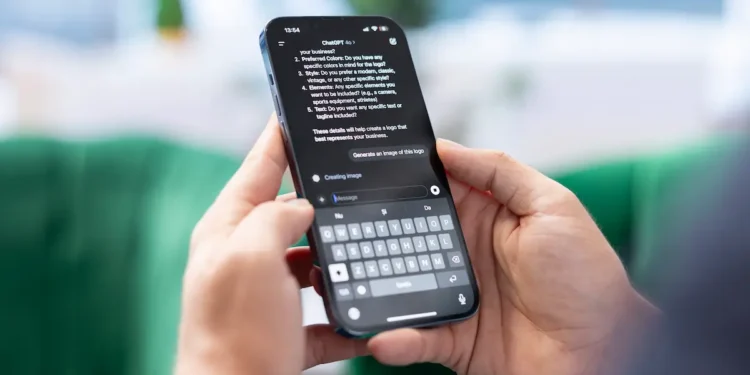 Mãos seguram celular com o ChatGPT aberto durante uma atividade de estudo.