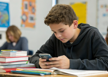 Adolescente mexendo no celular durante a aula em sala de aula.