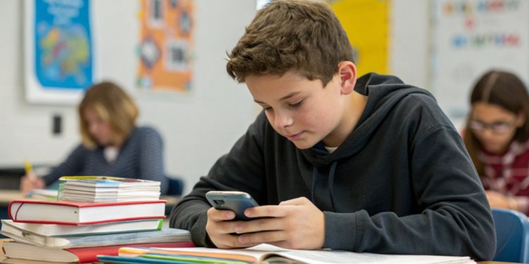 Adolescente mexendo no celular durante a aula em sala de aula.