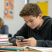 Adolescente mexendo no celular durante a aula em sala de aula.