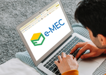 Usuário acessa sistema e-MEC do Ministério da Educação em notebook.