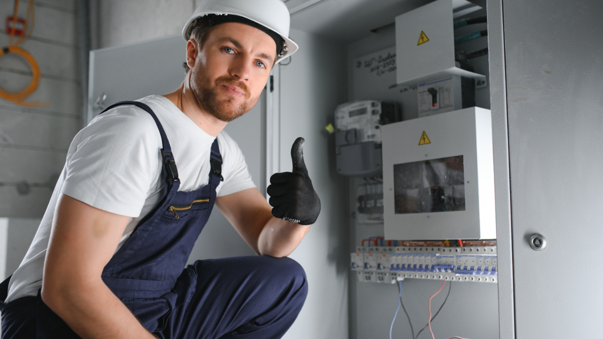 Eletricista com capacete faz sinal positivo ao lado de painel elétrico cinza aberto.
