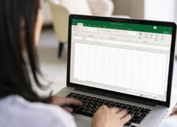 Pessoa utilizando notebook com planilha do Excel aberta.