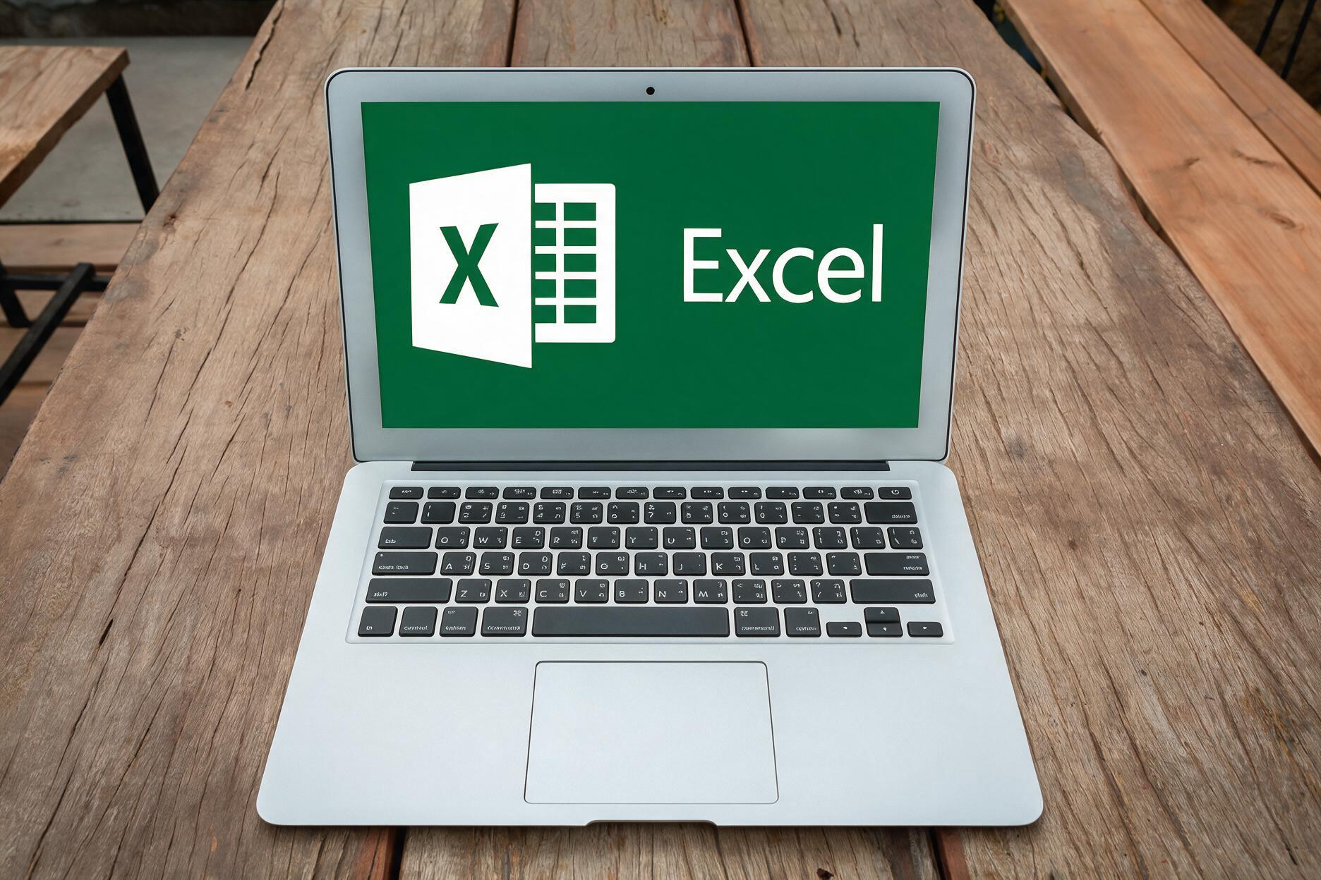 Tela inicial do Microsoft Excel em notebook sobre mesa de madeira.