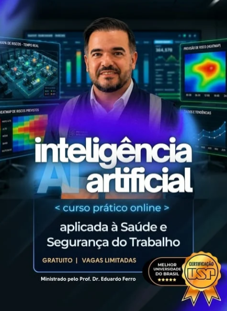 Homem com barba e camisa social à frente de gráficos digitais coloridos divulga curso de IA para saúde e segurança do trabalho, selo USP.