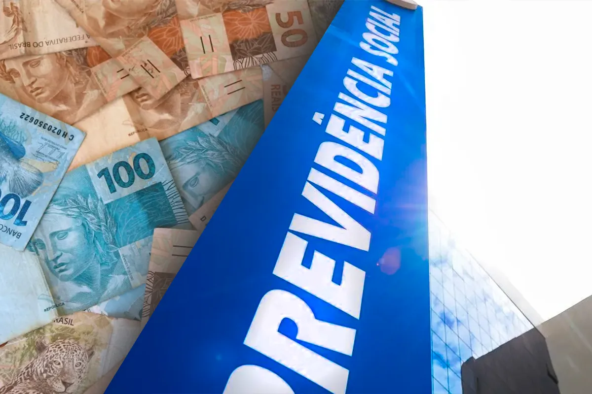 Previdência Social e notas de real simbolizam benefícios e pagamentos do INSS.