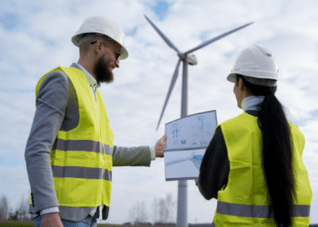 Engenheiros analisam projeto em parque eólico durante inspeção técnica.