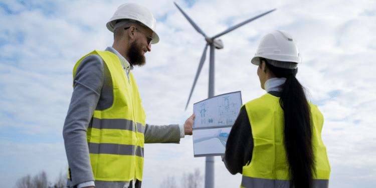 Engenheiros analisam projeto em parque eólico durante inspeção técnica.