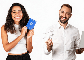 Jovem com carteira de trabalho e homem com notebook em fundo branco.