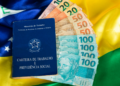 Carteira de trabalho e notas de real sobre bandeira do Brasil.
