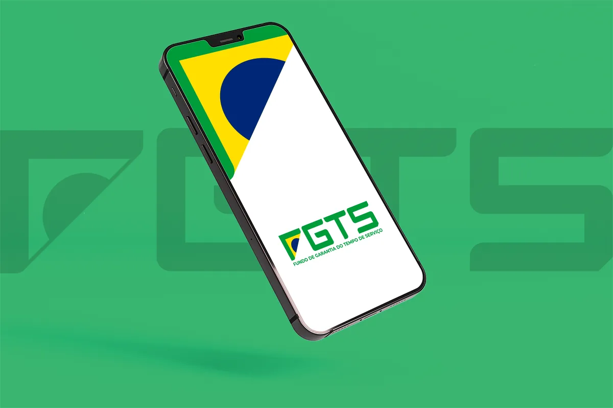 Aplicativo FGTS destacado em smartphone com fundo verde.