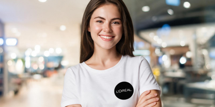 Jovem mulher de cabelo castanho liso com camiseta branca da L'Oréal sorrindo com braços cruzados em ambiente interno iluminado.