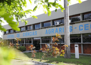 Fachada do Centro de Ciências Agrárias da UFAL em destaque com vegetação.