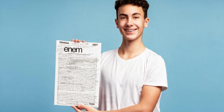 Estudante com aparelho sorrindo ao mostrar prova do Enem.