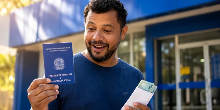 Trabalhador segura carteira de trabalho e envelope com dinheiro em referência ao pagamento do Abono Salarial.