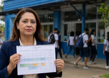 Diretora segura calendário escolar de 2027 em frente a escola pública, representando orientação do CNE para ajustes durante a Copa Feminina.