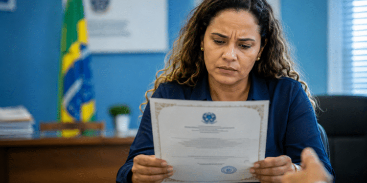 Imagem ilustrativa de servidora analisando com desconfiança um certificado impresso em ambiente de repartição pública, cena ligada ao alerta sobre documentos falsos vendidos em nome da Anvisa.
