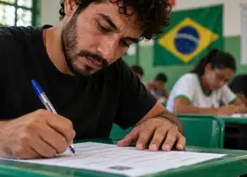 Candidato estrangeiro realiza prova escrita de português em sala de aula, representando a aplicação do exame de proficiência em língua portuguesa para estrangeiros em 2026.