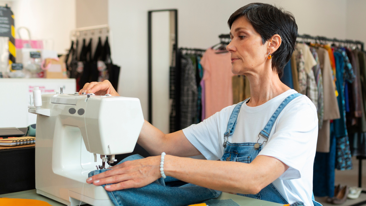 Mulher trabalhadora autônoma realizando reparos em produtos de moda como exemplo de contribuição do MEI para aposentadoria.