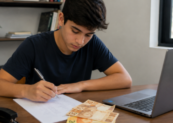 Jovem estagiário faz cálculos ao lado de notebook e dinheiro, representando contribuição ao INSS a partir dos 16 anos.