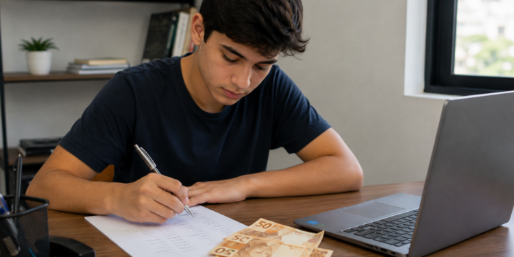 Jovem estagiário faz cálculos ao lado de notebook e dinheiro, representando contribuição ao INSS a partir dos 16 anos.