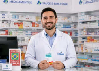 Farmacêutico atendendo cliente em farmácia e orientando sobre medicamentos e serviços de saúde.
