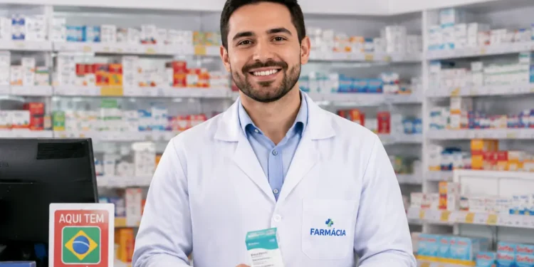 Farmacêutico atendendo cliente em farmácia e orientando sobre medicamentos e serviços de saúde.