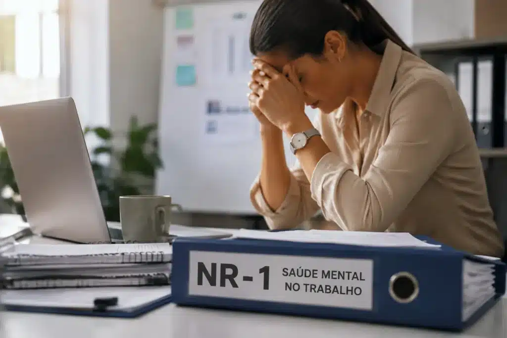 Funcionária em ambiente corporativo demonstrando sinais de estresse ao lado de documentos sobre a atualização da NR-1 e saúde mental no trabalho.