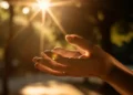 Mãos abertas em direção à luz do sol, simbolizando bênçãos, fé e gratidão.