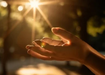 Mãos abertas em direção à luz do sol, simbolizando bênçãos, fé e gratidão.