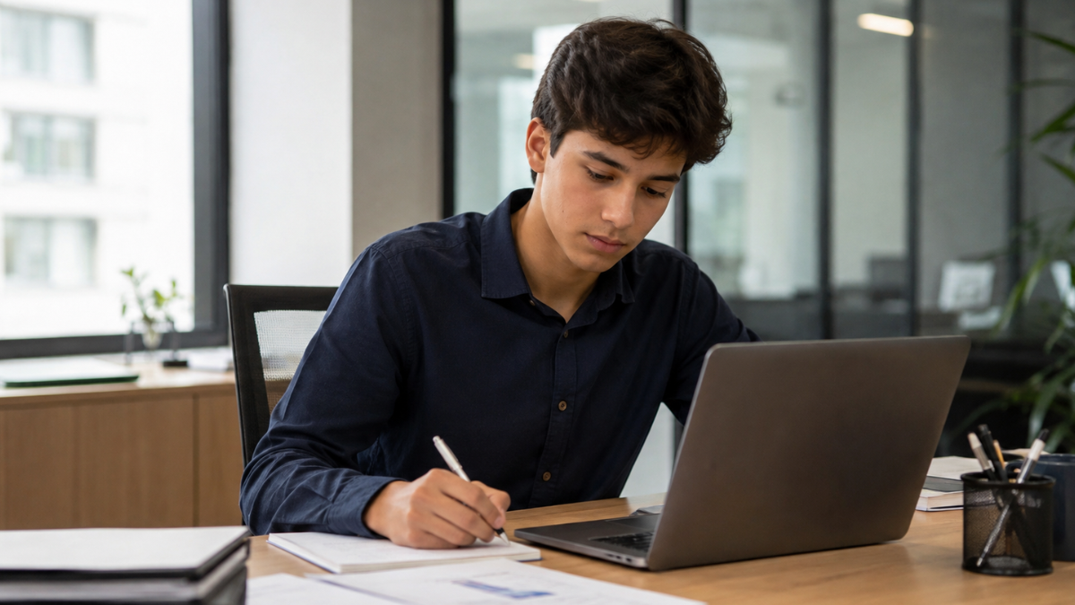 Jovem estagiário trabalhando em notebook, representando as opções de contribuição facultativa ao INSS em 2026.