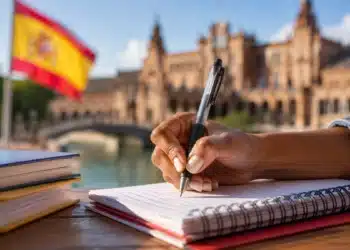 Mão de estudante escrevendo em caderno com bandeira da Espanha ao fundo, representando bolsa de R$ 42 mil para graduação no exterior.