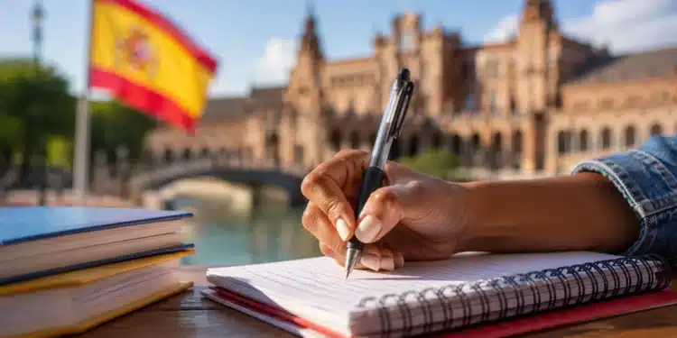 Mão de estudante escrevendo em caderno com bandeira da Espanha ao fundo, representando bolsa de R$ 42 mil para graduação no exterior.
