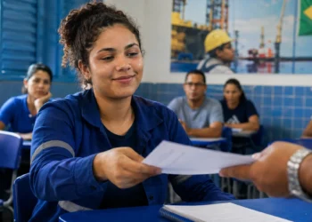 Jovem entregando apostila, representando a participação no programa gratuito de qualificação profissional com bolsa oferecida pela Petrobras.
