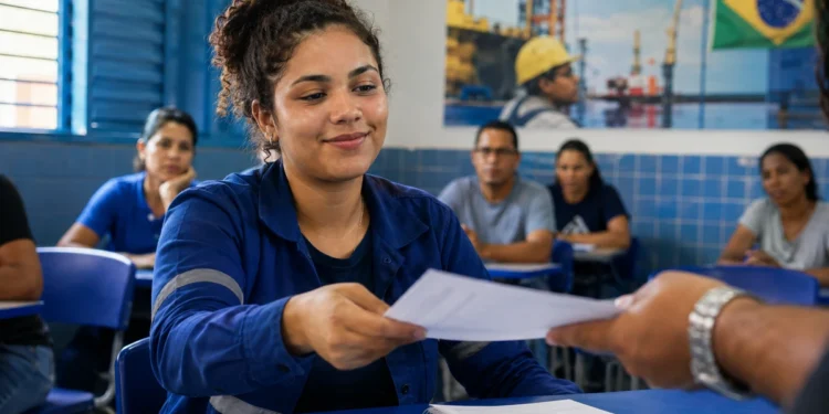 Jovem entregando apostila, representando a participação no programa gratuito de qualificação profissional com bolsa oferecida pela Petrobras.