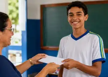 Aluno do 9º ano recebe documento em escola, representando o acesso a bolsas integrais em escolas privadas.