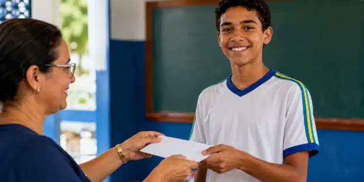 Aluno do 9º ano recebe documento em escola, representando o acesso a bolsas integrais em escolas privadas.