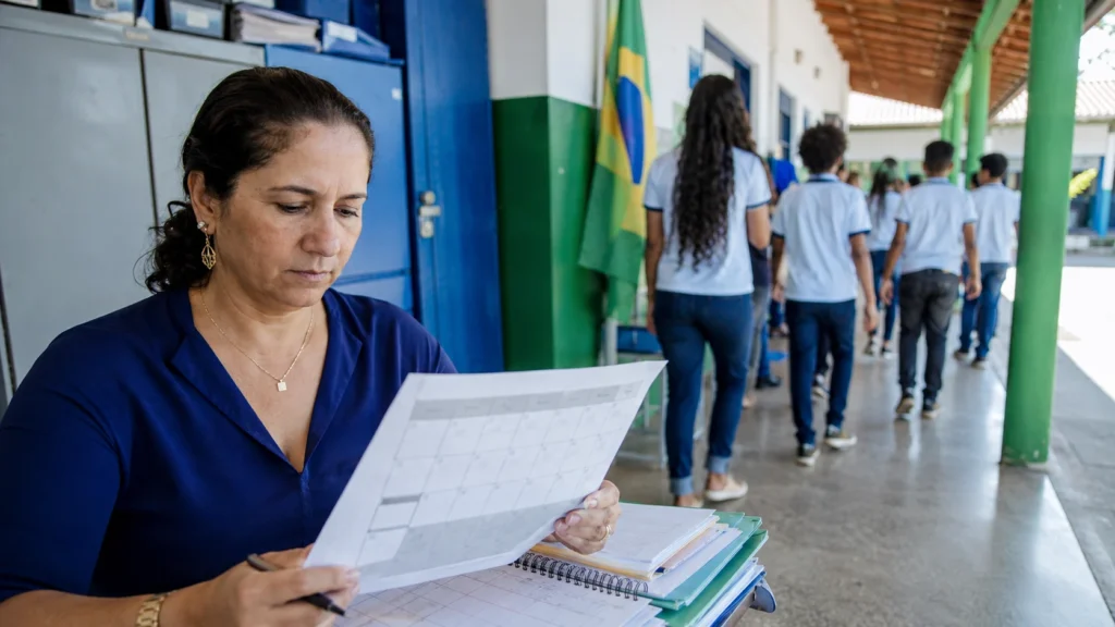 Gestora escolar analisa calendário enquanto alunos circulam por escola pública, representando a autonomia das redes fora das áreas afetadas pela Copa.