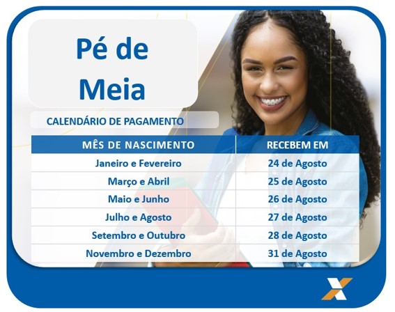 Arte com o calendário de pagamento do Pé-de-Meia organizado por mês de nascimento, com as datas distribuídas entre 24 e 31 de agosto ao lado da foto de uma jovem