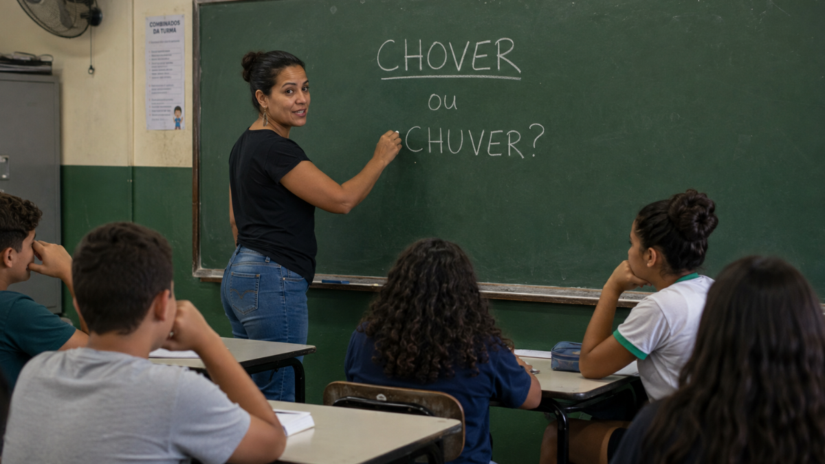 Professora explica a diferença entre chover e chuver em aula de português com alunos atentos.