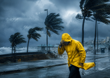 Imagem ilustrativa de homem de capa amarela caminhando contra o vento em uma orla, com palmeiras curvadas, mar agitado e céu carregado ao fundo, referência aos efeitos do temporal associado ao fenômeno
