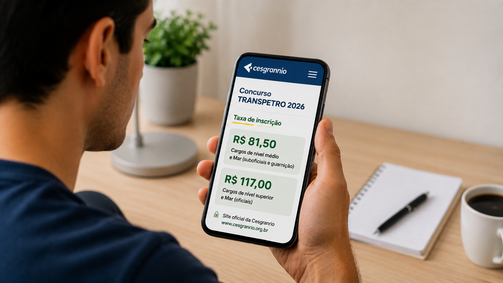 Candidato consulta pelo celular os valores da taxa de inscrição do concurso Transpetro 2026 no site da Cesgranrio.