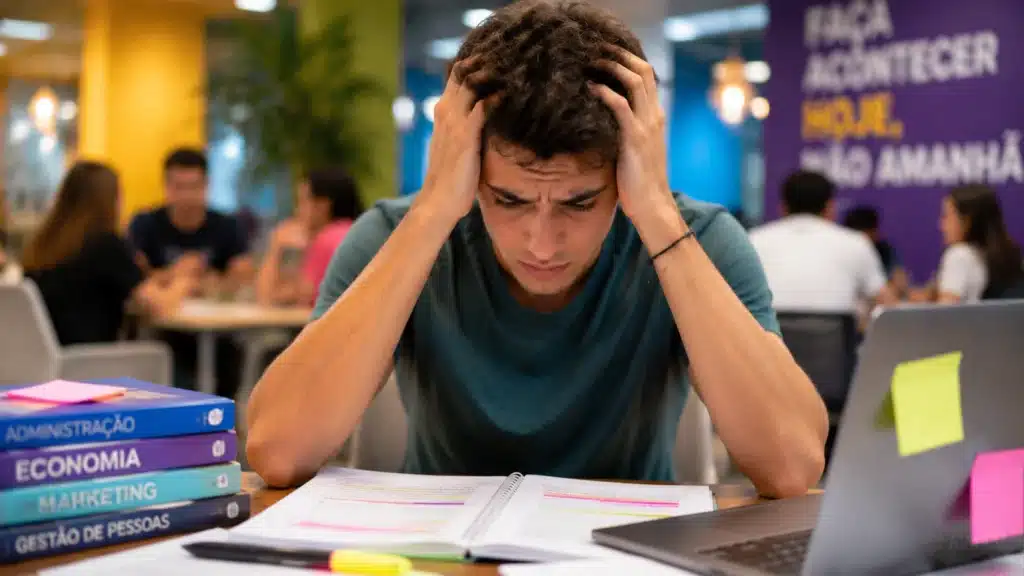 Estudante frustrado diante de materiais acadêmicos por pendência de horas complementares