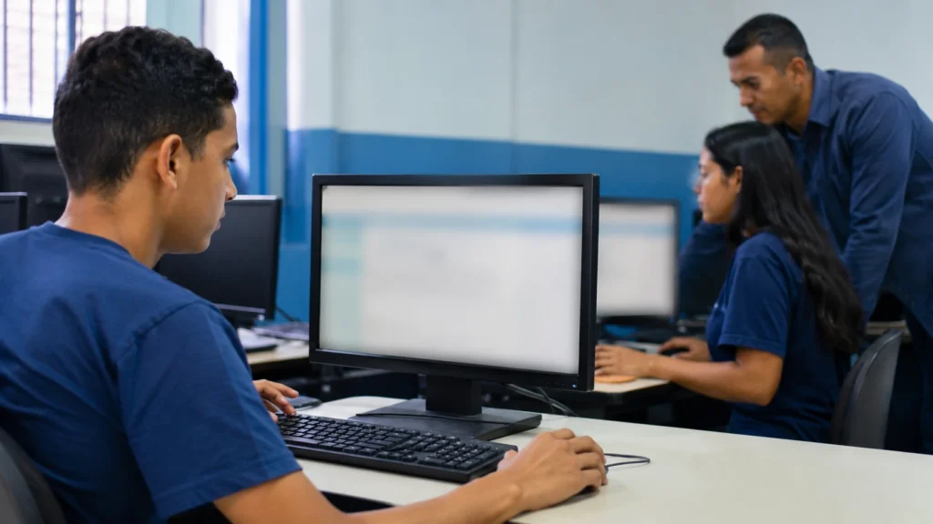 Alunos participam de aula de informática básica em sala equipada com computadores.