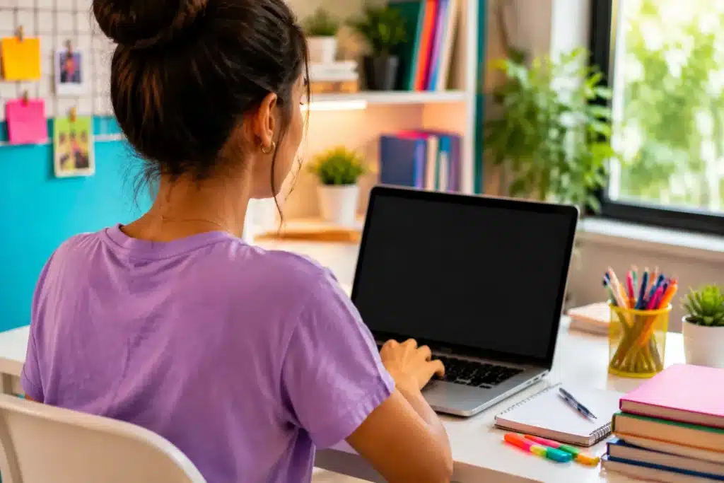 Jovem estudante acessa computador para consultar informações sobre contratação do Desenrola Adimplentes para o Fies