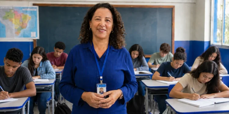 Participante da RIE em sala de aula enquanto estudantes realizam o Enem.
